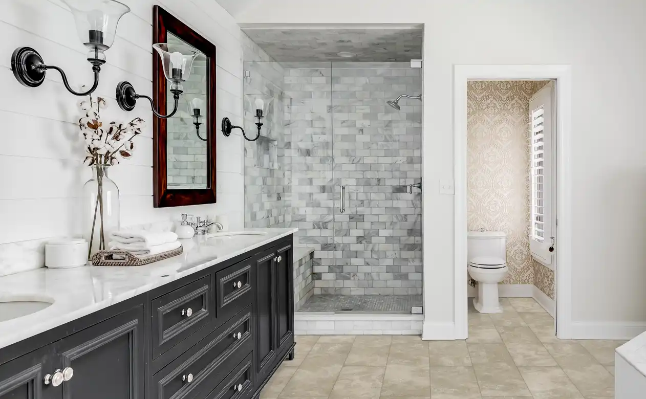 marble stone look tile subway tile shower surround in bathroom with walk-in shower and dark brown wood bathroom vanity